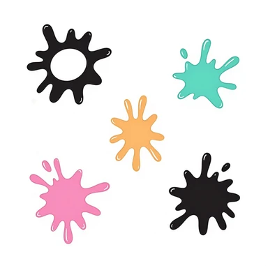 Colorful paint splatters, drips, and splashes in various shapes. Using specific pastel colors (dd9fb0, ffc6d3, a3bfc9, c4bee2, f1b091). Hand-drawn doodle style with playful, artistic splatter patterns. Transparent background. sticker