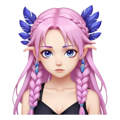 Gorgeous beautiful pretty anime lady long-pale-pastel-pink-hair with one braid on each side, grumpy expression, purple-pink feather-ear-cuffs in hair, black bodysuit, blue eyes, pink iris, ethereal, fashion aesthetic  sticker