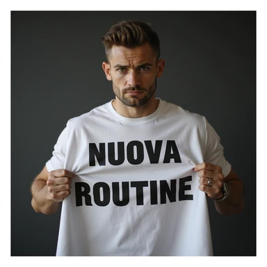 hyperrealistic 4K image of a sporty man with a sad expression holding a sheet with the text 'NUOVA ROUTINE', variation 7, no background sticker