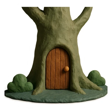 wooden door embedded in a tree, secret forest hideout vibe, claymation style sticker