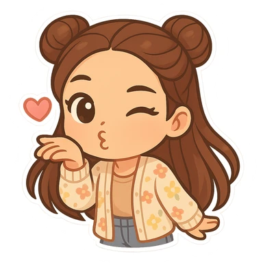 Create a chibi sticker of the girl from the reference image, blowing a kiss and winking. She has brown straight hair styled in double buns, brown eyes, wearing a pastel floral cardigan and jeans. The sticker should have a white outline and a transparent background, sized 512x512px. sticker