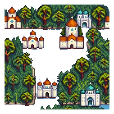 cityscape of Nalchik with iconic buildings and trees in pixel art style sticker