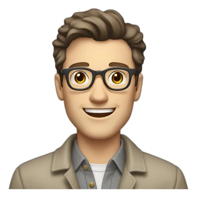 Joyful Pale skinned Fit Man With dark brown hair in gray jacket, beige office shirt, Brown pants and vintage glasses. His thrumbs up sticker