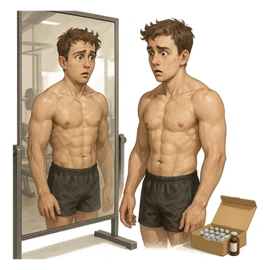 young inexperienced bodybuilder in gym in front of mirror, surprised and doubtful expression, open box of anabolic steroids in background, atmosphere of curiosity and uncertainty, realistic details, isolated on white background sticker