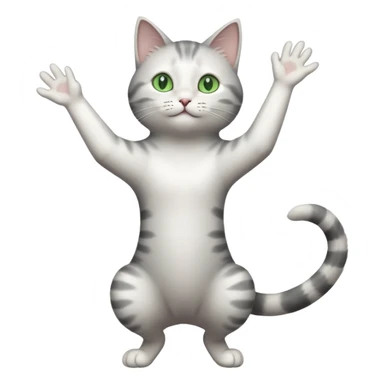 grey and white cat with green eyes doing a big long stretch reaching up into the air with arms and legs side by side together sticker