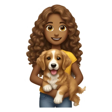 Tan skinned girl with  long brown curly hair with a golden retriever puppy sticker