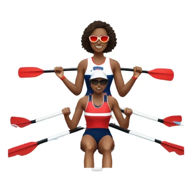 2 female rowers, one Caucasian, one African American, rowing in a 2x with red white and blue jersey, red white and blue oars, and one rower wearing sunglasses  sticker