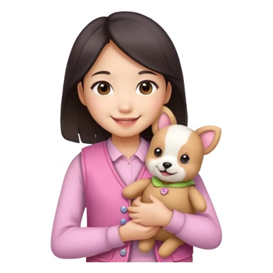 A beautiful Asian girl, fair complexion, wearing a pink vest, holding a little teddy dog in her arms sticker