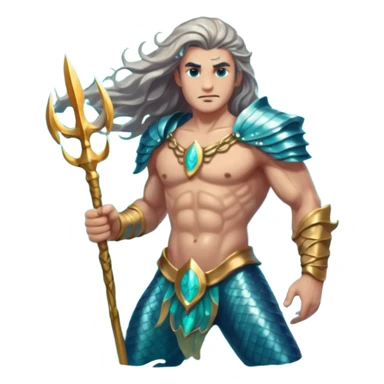 portrait of a muscular merman warrior with dark aqua scales, silver armor pieces on shoulders and arms, holding a glowing trident, stern expression, long flowing hair, underwater battle stance sticker