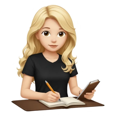 A beautiful blonde with long wavy hair in a black T-shirt sits and writes in a diary with a brown pen. sticker