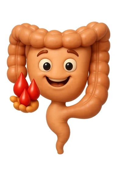 emoji stile iphone 3d di stomaco e intestino collegati verticalmente con 3 gocce di sangue 3d in mano, iperrealistiche 4k sticker