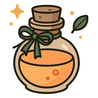 "A cute potion bottle with a whimsical and cozy design, featuring soft and warm colors: golden orange (FA9B41), deep forest green (4A7C5C), muted taupe brown (96775A), and pastel peach (FFCC9A). The bottle is small, round, and slightly vintage in style, with a cork stopper and a delicate ribbon tied around its neck. The potion inside glows faintly with a peachy-orange hue. Surroundings include soft lighting and a magical atmosphere, possibly with sparkles or tiny floating leaves, emphasizing a warm and enchanting mood. The style is charming, storybook-like, and detailed." sticker