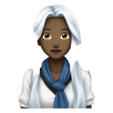 A beautiful anime girl with long, flowing silver hair is wearing a white shirt with a black collar and a blue scarf.  sticker