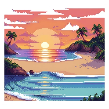 sunset over a beach coastline in pixel art style sticker