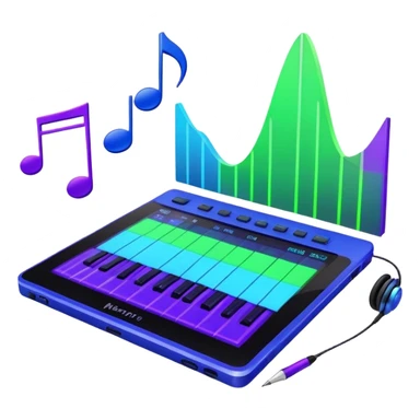 Create a creative and inspiring emoji that represents writing music tracks. The design should feature musical notes, a pen or pencil, and a digital audio workstation (DAW) interface or a computer screen with a visible waveform, symbolizing the process of composing and arranging a track. Add elements like a metronome or a pair of headphones to reflect the recording and editing aspects. Use vibrant colors like electric blue, purple, or neon green to represent creativity and innovation in music production. The background should be transparent. sticker
