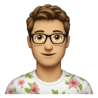 brown hair up guy wearing glasses and black t-shirt with flower print sticker