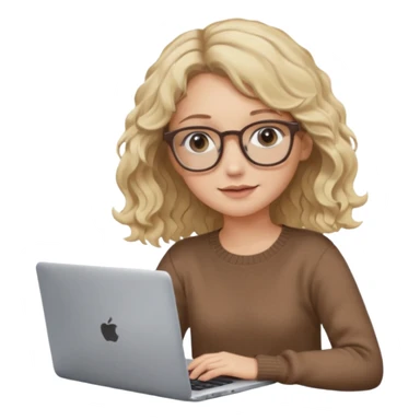 blonde girl with dark blonde wavy hair, pantos-style glasses, a brown sweater, sitting with a laptop, soft pastel colors, upper body shot sticker