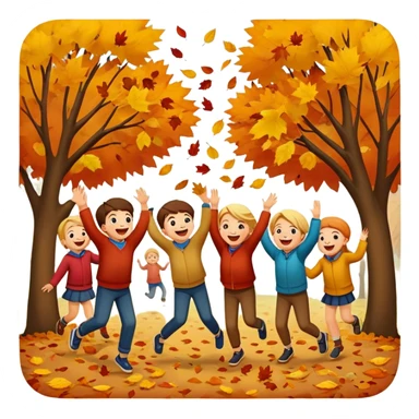 group of kids playing and tossing leaves in the air, autumn background sticker