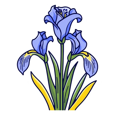 Elegant blue iris flower showing characteristic iris form with three drooping falls and three upright standards, with decorative long leaves sticker