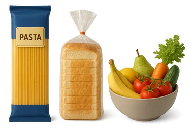 pacco di pasta realistico, pacco di pane, bowl di frutta e verdura, 4k sticker