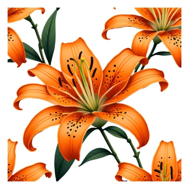 Japanese style tiger lily (oniyuri) flower in ukiyo-e inspired design, bright orange petals with distinctive black spots, curved-back petals, traditional composition like in Japanese woodblock prints sticker