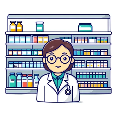 pharmacy shelves, pharmacist, sign sticker