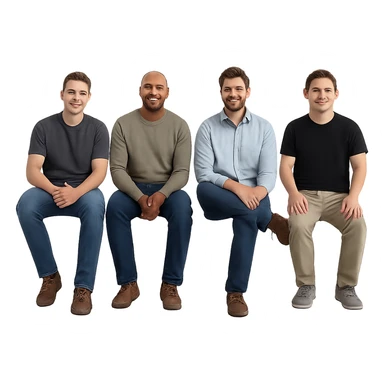 regular men, sitting, relaxed pose, plain background sticker