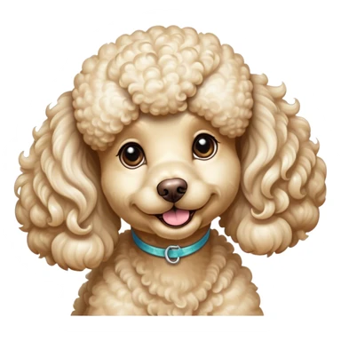 Cinematic Cute Cream Poodle Portrait Emoji, Head tilted playfully and inquisitively, showcasing a bouncy, curly cream Fur with a luminous sheen, round, sparkling warm eyes filled with curiosity, Simplified yet irresistibly adorable features, highly detailed, glowing with a warm, friendly glow, high shine, affectionate and lively, stylized with a touch of whimsy, bright and endearing, soft glowing outline, capturing the essence of a mischievous yet loving companion, so playful it feels like it could bounce out of the screen and into your arms! sticker