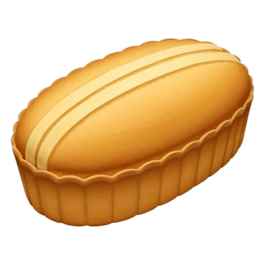 A madeleine pastry. Oval shaped with four to five vertical lines going in the same direction. Scalloped seashell shape. Light golden brown. Scalloped edge. Cookie. Flat. sticker