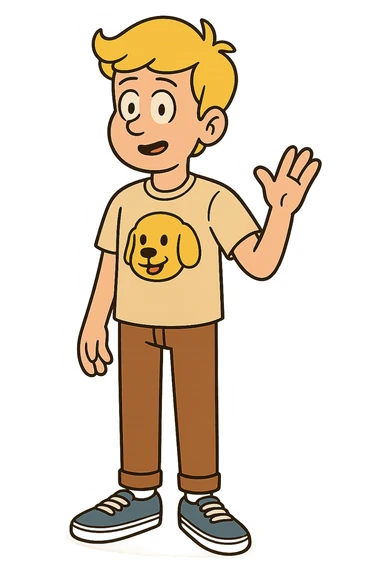 A boy yellow hair dog mascot logo t-shirts brown trousers blue vans shoe  sticker