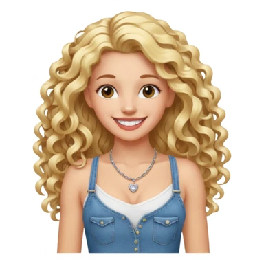 cheerful white girl with long blond curly hair with hairgrip, fit slim with some muscle definition, dressed in jeans and white strappy t-shirt, wearing necklace, big white smile sticker