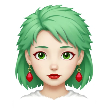 white furred unicorn with green hair and big red earrings looking into camera sticker