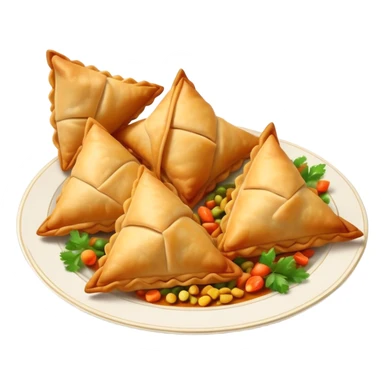 Cinematic Realistic Samosas Dish Emoji, depicted as golden, crispy pastry pockets filled with spiced vegetables rendered with detailed textures and appetizing lighting. sticker
