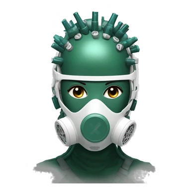 Dark green Mohawk female cyborg head with white respirator mask and circuits sticker