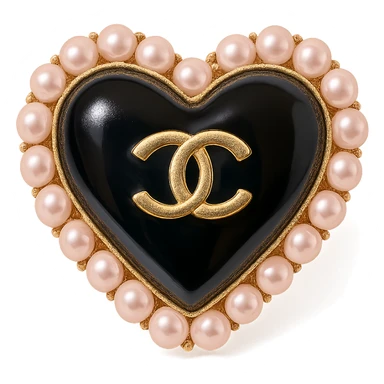  only the elegant heart with pearls and gold Chanel logo, glossy, pastel colors, realistic style, with no background. black pink,  sticker