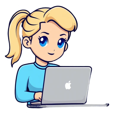 Blonde woman ponytail blue eyes with MacBook sticker