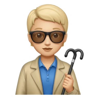 A blind person wearing sunglasses and holding a guide cane sticker