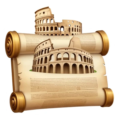 An icon featuring an ancient scroll, surrounded by famous historical landmarks and statues of notable figures, like the Colosseum or Napoleon. The design symbolizes the exploration of history through monuments and people. Transparent background highlights the pas sticker