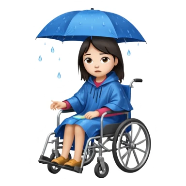 Girl with dark hair  in a wheelchair with rain poncho sad with rain  sticker