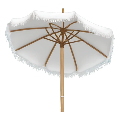 White beach umbrella with white tassels and a straight wooden pole sticker