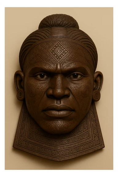 Transform this Mwana Pwo mask into a male version reflecting the Cokwe tribe's masculine mask style, with strong masculine features, traditional carved wood texture, tribal patterns, and cultural authenticity. Keep the background neutral and simple to highlight the mask as a cultural artifact. sticker