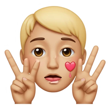 Emoji face crying while doing a kissy face holding up the peace sign sticker