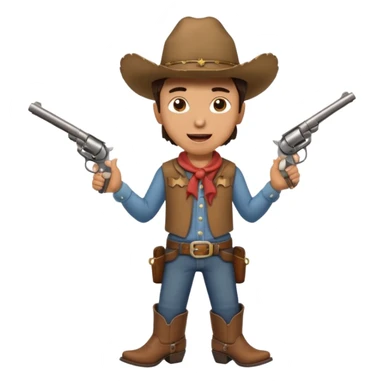 A young cowboy with oversized boots, excited expression, and a tiny toy revolver.
 sticker