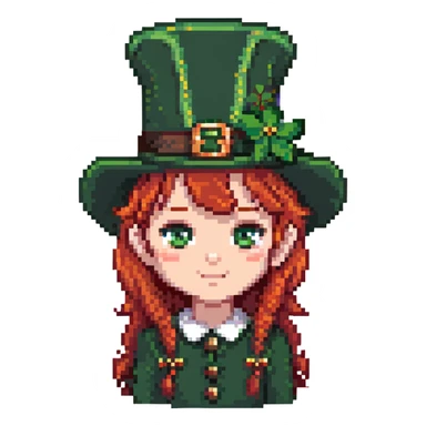 girl with red hair and brown eyes with a leprechaun sticker