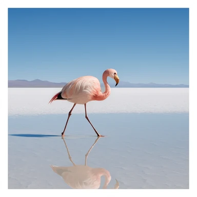flamingo walking on the Uyuni salt lake, reflection in salt water, natural mystery and peacefulness sticker