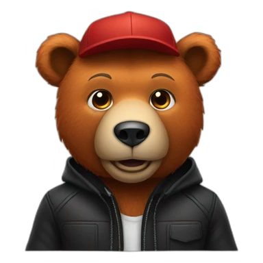 A red bear with black jacket and a black cap sticker