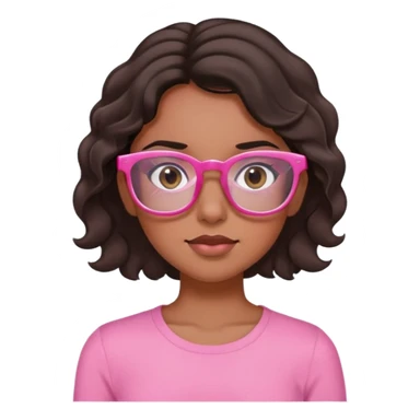 Brown brunette girl, with black wavy hair, black eyes, pink rectangular glasses and pink top rolling her eyes sticker