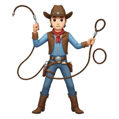 cowboy man holding a whip, dynamic pose, western outfit, adventure vibe, 3D cartoon, mobile game icon style, clean background, no text, no watermark
 sticker