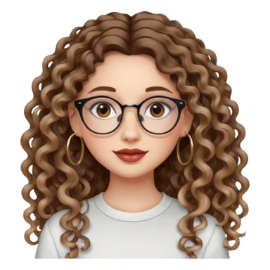 cute whilte girl with not volominous VERY LONG curly hair with balayage, brown eyes, full lips, natural clean girl makeup and hoop earrings and glasses sticker