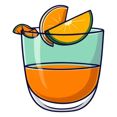 small transparent glass with layered carajillo - yellow-orange liquor visible at bottom, coffee layer on top, with cantaloupe melon slice alongside sticker